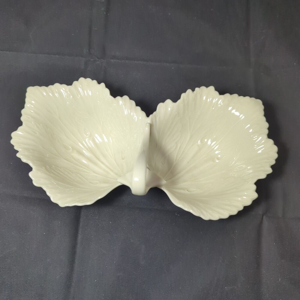 Lenox "DOUBLE LEAF " USA ~ Divided Relish Dish Handled Ivory Nuts Snacks
